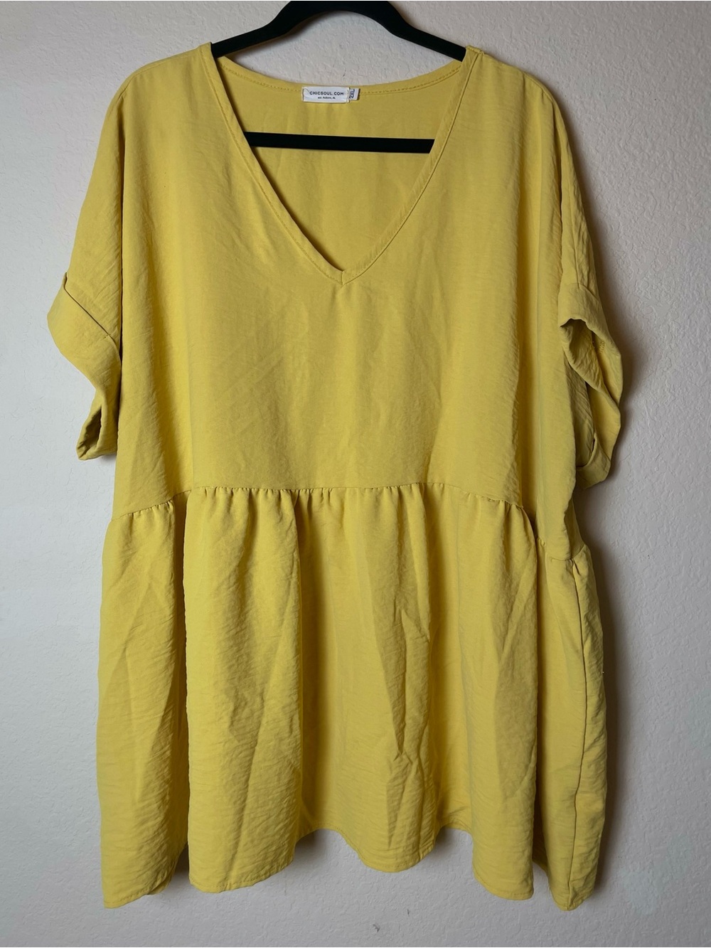 Chic Soul Crescent Mustard Yellow Peplum Blouse 2XL V Neck Dolman Sleeve Top